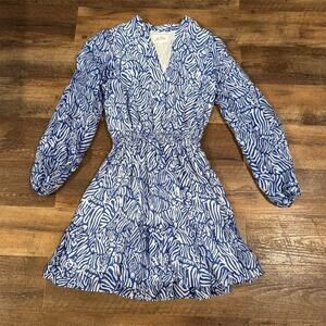 Lilly Pulitzer Axton Split-Neck Dress Martinique Blue 12 Blouson Sleeve Stretch